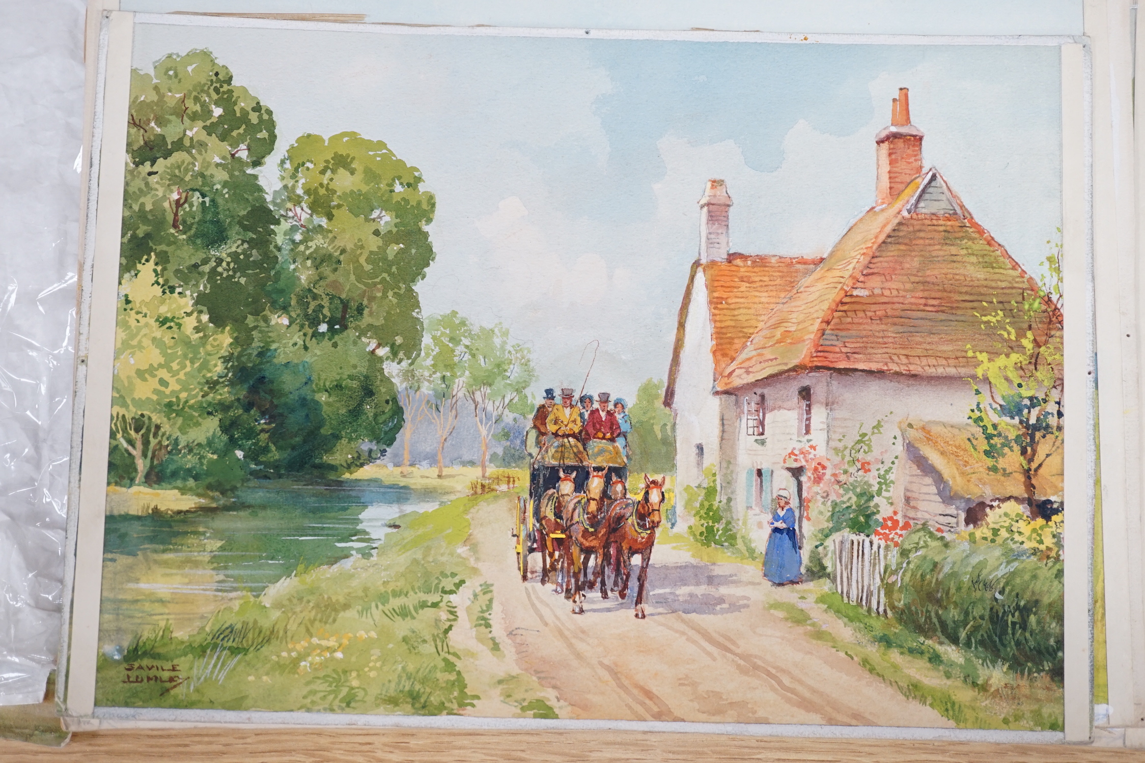 Savile Lumley (1876–1960), four watercolour greeting card designs, Three coaching scenes and Kentish snow scene, signed, 26 x 35cm, unframed